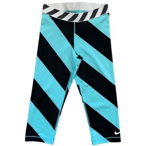 NIKE PRO Black & Teal Diagonal Stripe Capri Leggings XS